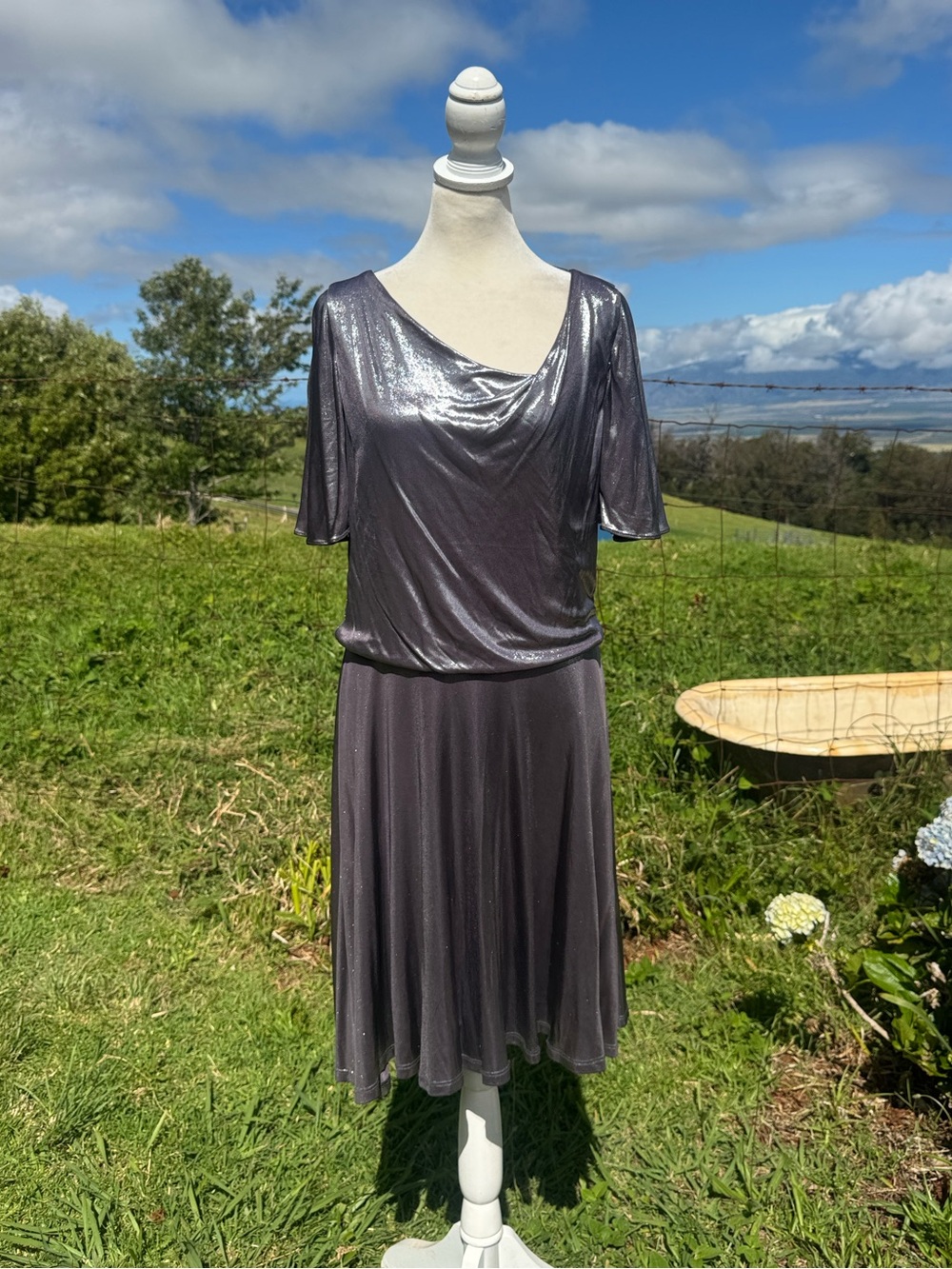 NWT Halston Heritage Flowy Metallic Dress Flutter Sleeves Slinky Party Cocktail